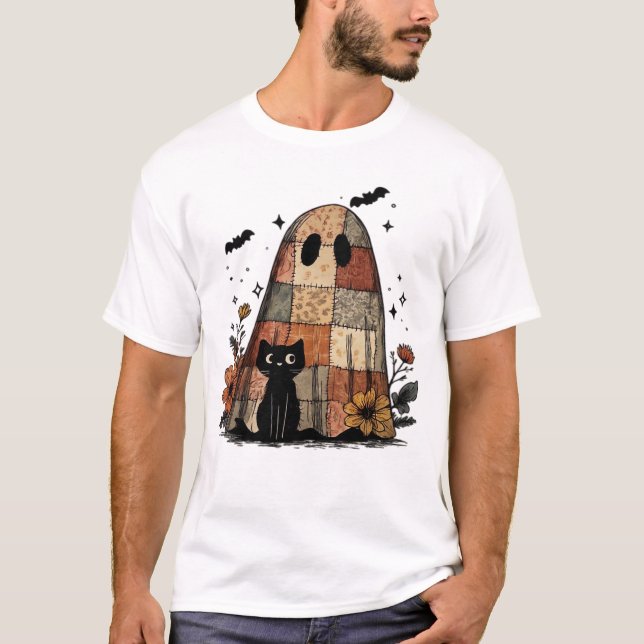 Patchwork Halloween-spöke svart katt Essential T-S T Shirt (Framsida)