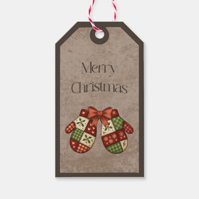 Patchwork-handskar i julfärger presentkortsetikett presentetikett (Framsidan)