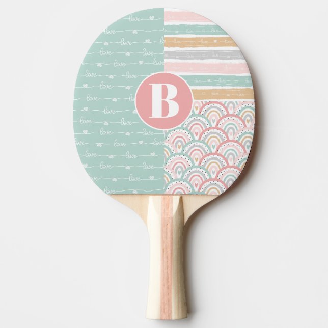 Patchwork Heart Rainbow Monogram Ping Pong Paddle Pingisracket (Framsidan)