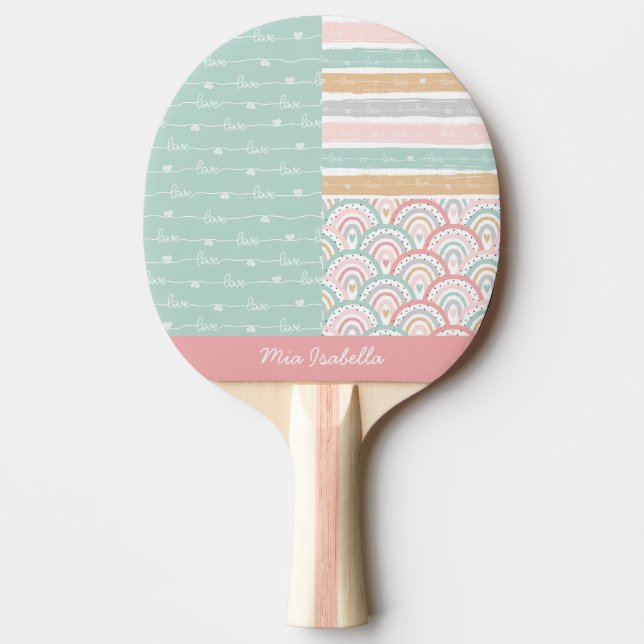 Patchwork Heart Rainbow Namn Ping Pong Paddle Pingisracket (Framsidan)