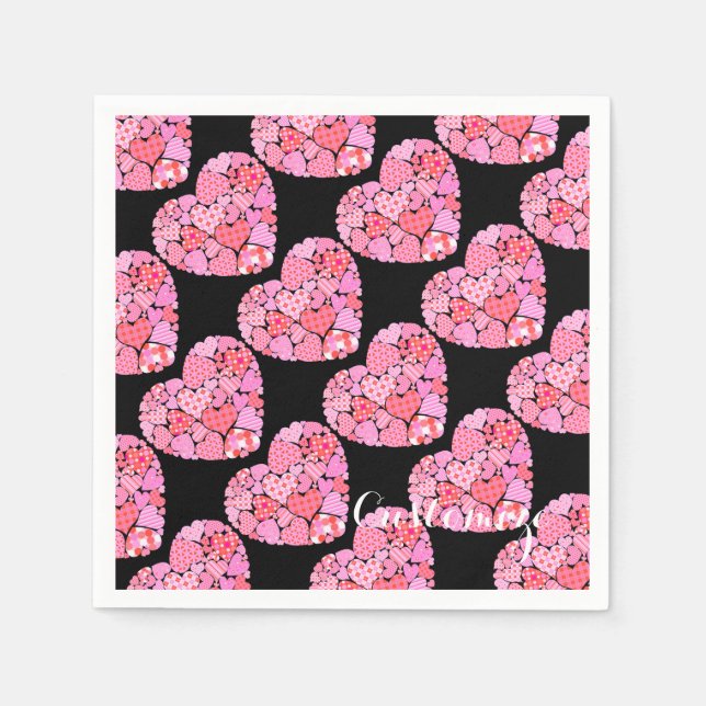 Patchwork Hearts Black Napkins Pappersservett (Framsidan)