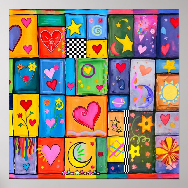 Patchwork Hearts Quilt | Färgglatt Folk Art Tryck (Framsidan)