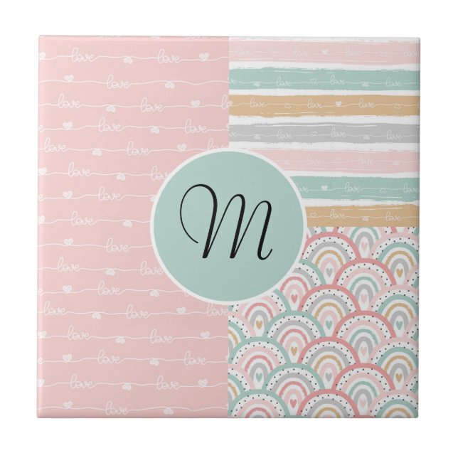 Patchwork Hearts Rainbow Monogram Ceramic Tile Kakelplatta (Framsidan)