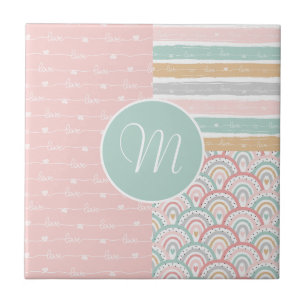 Patchwork Hearts Rainbows - Monogram Ceramic Tile Kakelplatta