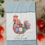 Patchwork Hen och Blue Polka dots Kökshandduk<br><div class="desc">En söt,  liten kökshandduk som är personlig med ditt namn. Hen skapas i ett färglöst mönster med en liten polka punktbakgrund i blått. Se andra artiklar för köksdekoration i samma designsamling.</div>