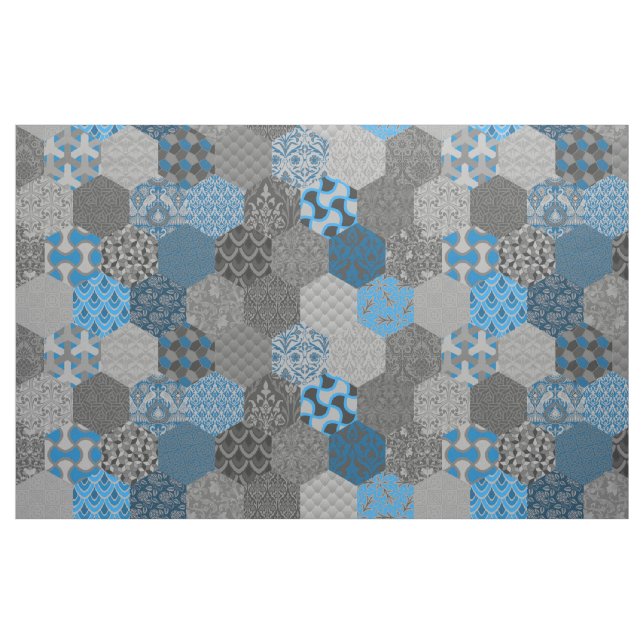 Patchwork Hexagons Blue och Grått Tyg (Fat Quarter)