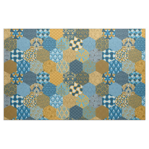 Patchwork Hexagons Mustard and Navy Tyg