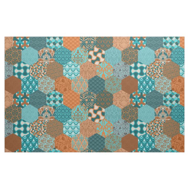 Patchwork Hexagons Peacock and Copper Tyg (Fat Quarter)