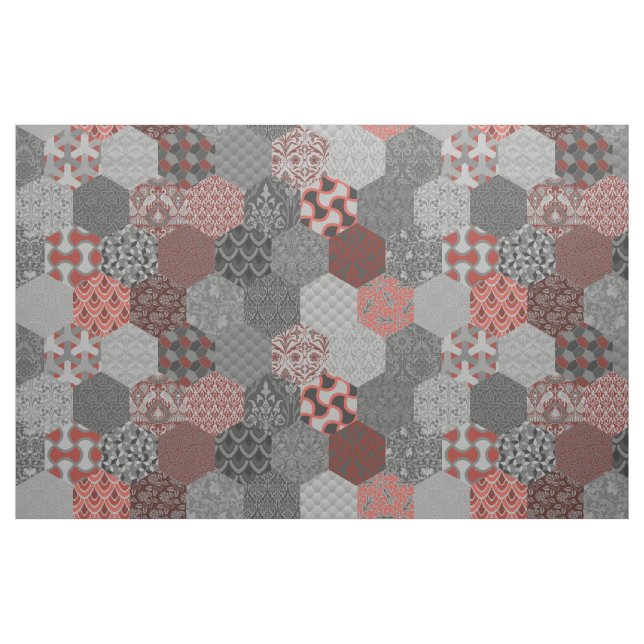 Patchwork Hexagons Red och Grått Tyg (Fat Quarter)