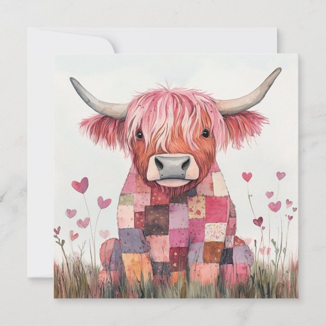 Patchwork Highland Cow Valentine Julkort (Framsida)