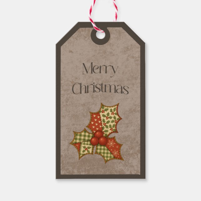 Patchwork Holly i julfärger presentkortsetikett Presentetikett (Framsidan)