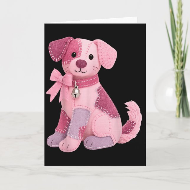 Patchwork Hund Rosa Band Bröstcancer Medvetenhet  Kort (Framsida)