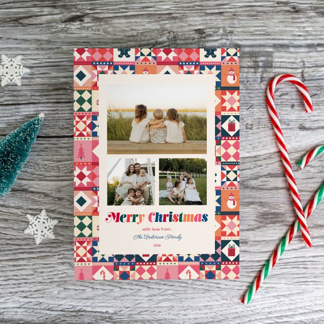 Patchwork Jul Flerfärgad Tre Foto Julkort (Skapare uppladdad)