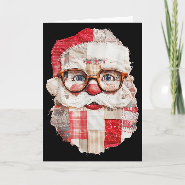 Patchwork Jul Tomte Ansikte Preppy Flickig Jul  Kort (Framsida)