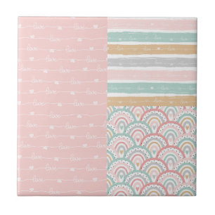 Patchwork Kärlek Hearts Rainbow Pastel Ceramic Til Kakelplatta