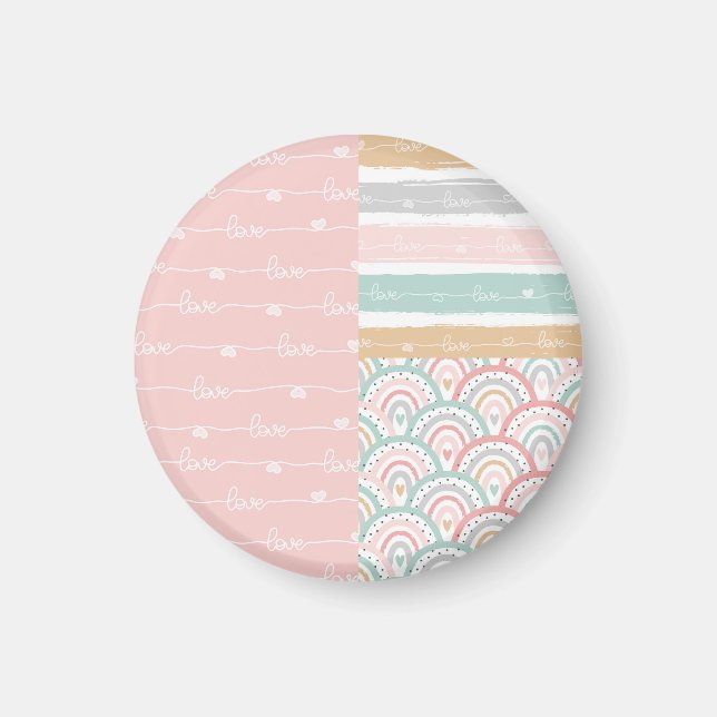 Patchwork Kärlek Hearts Rainbow Pastel Magnet (Framsidan)