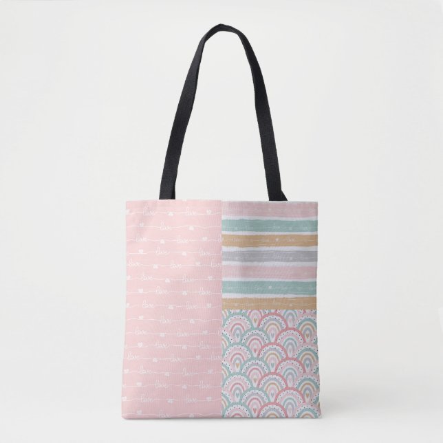 Patchwork Kärlek Hearts Rainbow Pastel Tote Bag Tygkasse (Framsida)