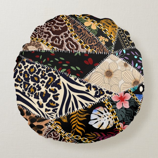 Patchwork Leopard: Ethnic Lining Design. Rund Kudde (Framsidan)