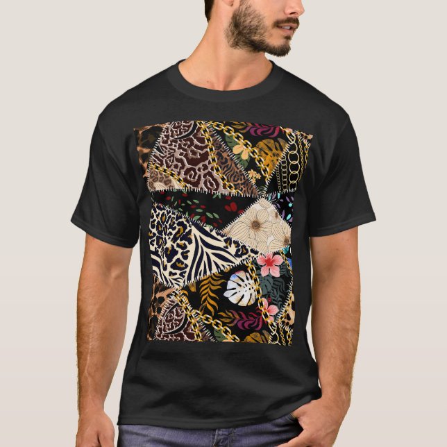 Patchwork Leopard: Ethnic Lining Design. T Shirt (Framsida)