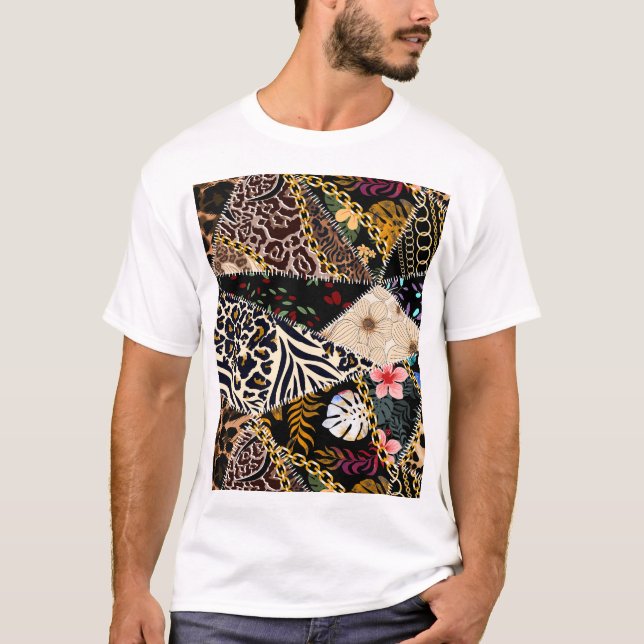 Patchwork Leopard: Ethnic Lining Design. T Shirt (Framsida)