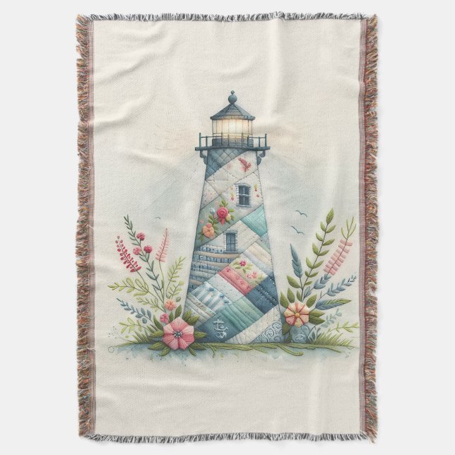 Patchwork Lighthouse Coastal Floral Scene Filt (Framsidan Vertikal)