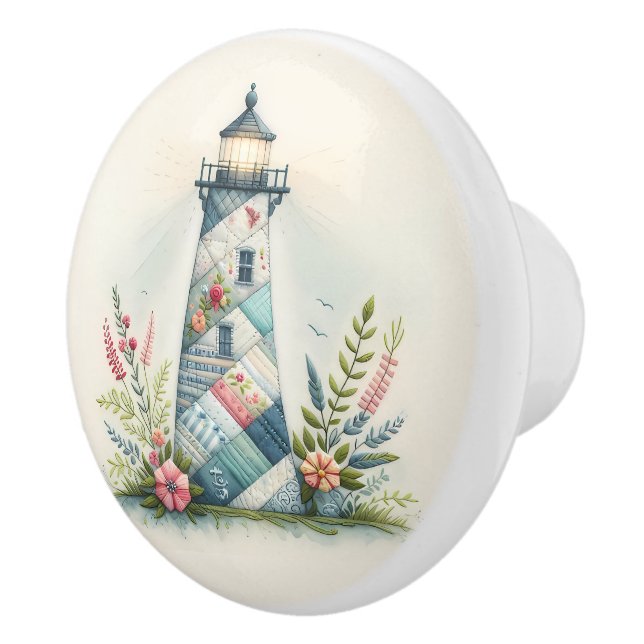Patchwork Lighthouse Coastal Floral Scene Knopp (Höger)
