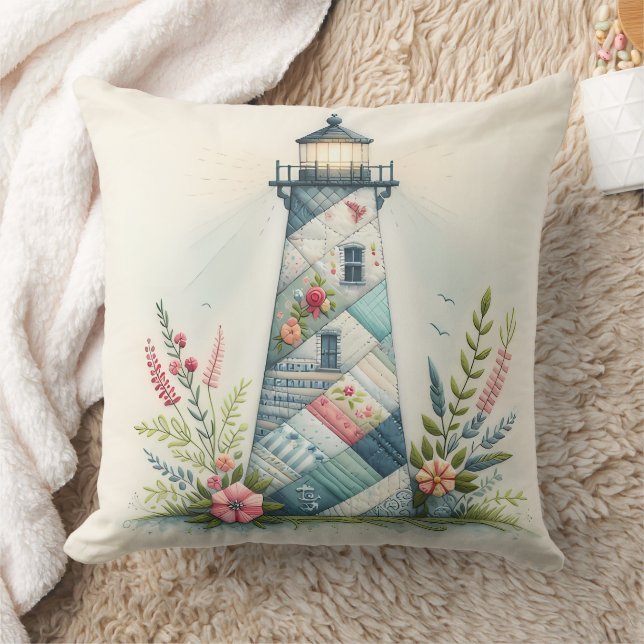 Patchwork Lighthouse Coastal Floral Scene Kudde (Filt)