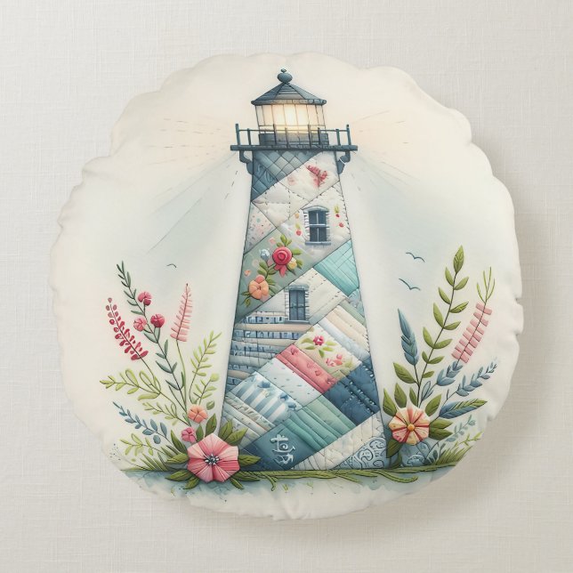 Patchwork Lighthouse Coastal Floral Scene Rund Kudde (Framsidan)