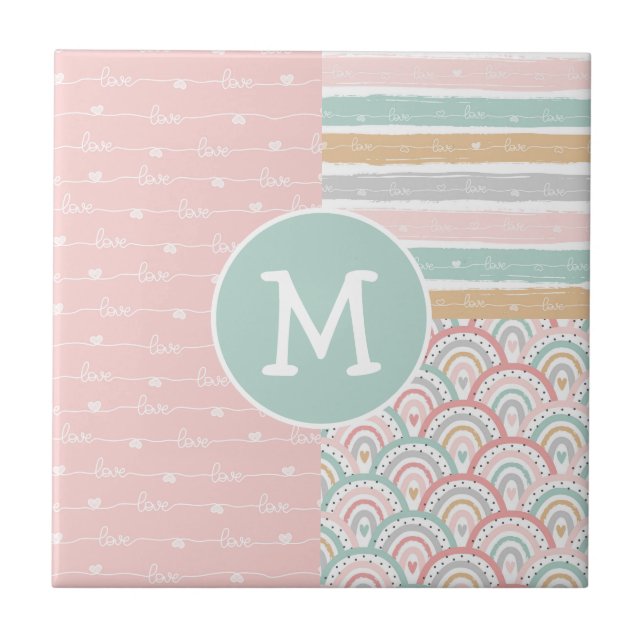 Patchwork & Monogram Hearts Rainbows Ceramic Tile Kakelplatta (Framsidan)