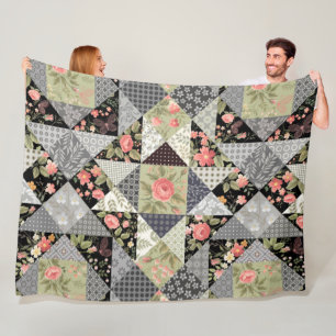 Patchwork Mönster Butterflies Flowers Foliage Ro Fleecefilt