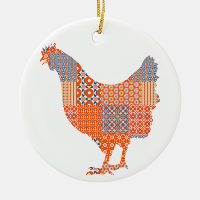Patchwork Mönster Chicken Farm Animal Julgransprydnad Keramik (Framsidan)