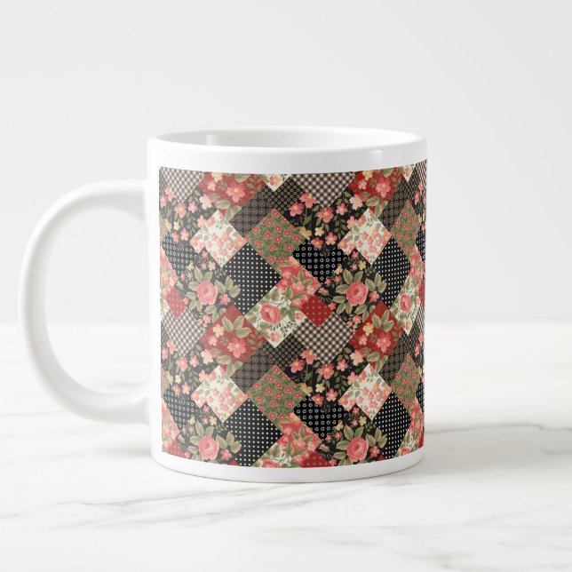 Patchwork Mönster Flowers Polka Dot Geometric Plai Jumbo Mugg (Vänster)