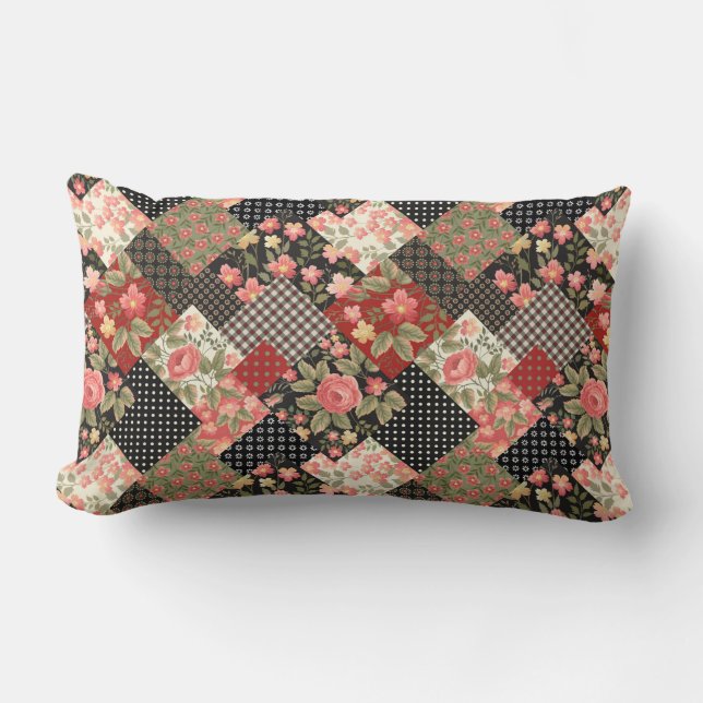 Patchwork Mönster Flowers Polka Dot Geometric Plai Lumbarkudde (Framsida)