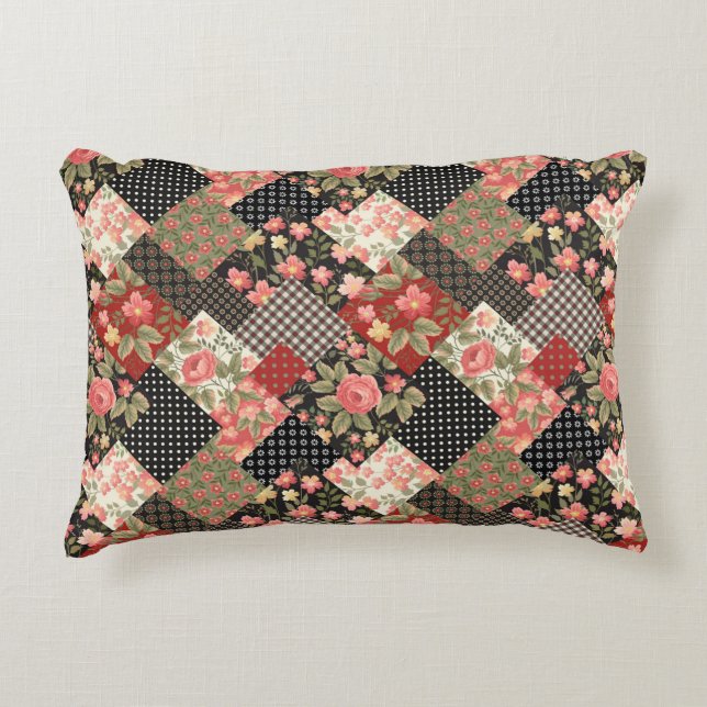 Patchwork Mönster Flowers Polka Dot Geometric Plai Prydnadskudde (Framsidan)