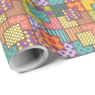 Patchwork Mönster Flowers Polka Dot Rand Presentpapper