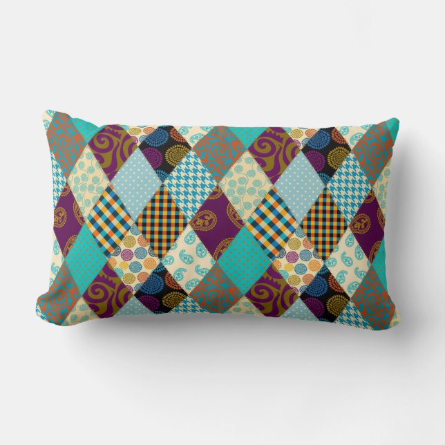 Patchwork Mönster Geometric Play Blue Lila Dots Lumbarkudde (Framsida)