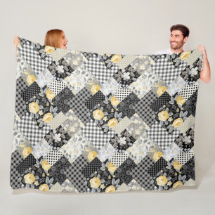 Patchwork Mönster med Rand och Gul ros Fleecefilt