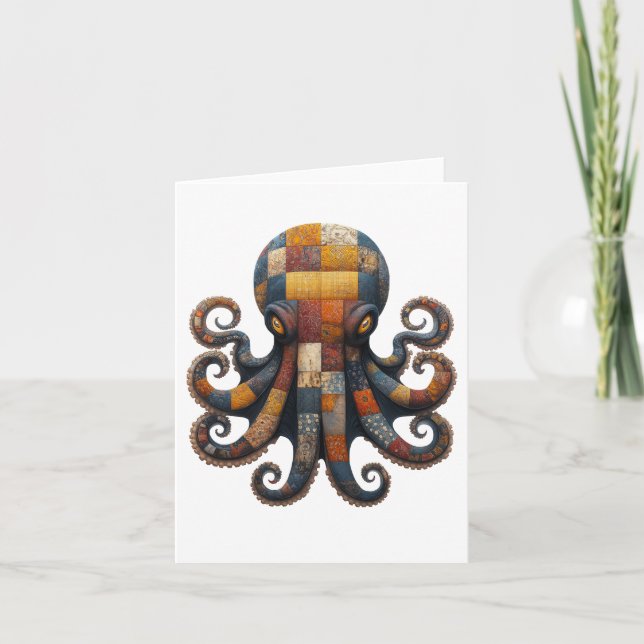 Patchwork Octopus Hälsning Card Tack Kort (Framsida)