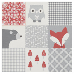 Patchwork of Cute Red and Grått Woodland Animals Tyg