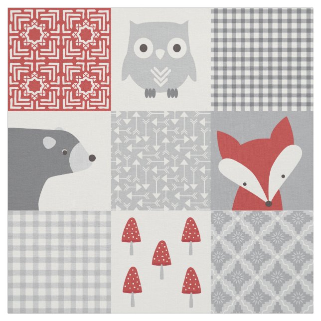 Patchwork of Cute Red and Grått Woodland Animals Tyg (Provkarta)