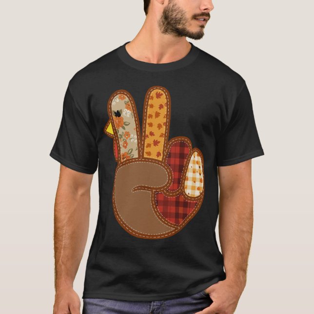 Patchwork Peace Sign Turkey Hand Thanksgiving Fall T Shirt (Framsida)