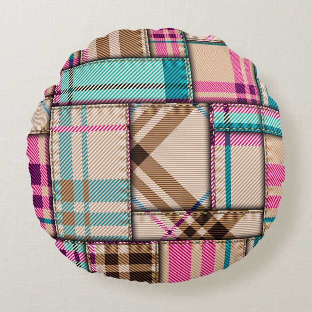 Patchwork Play, Vintage Sömlös bakgrund. Rund Kudde (Framsidan)