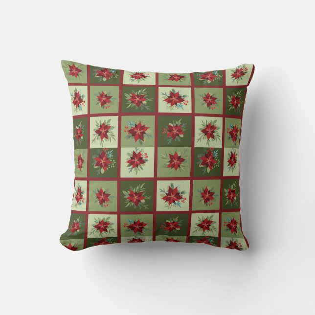 Patchwork Poinsettias T-Shirt Kudde (Framsida)