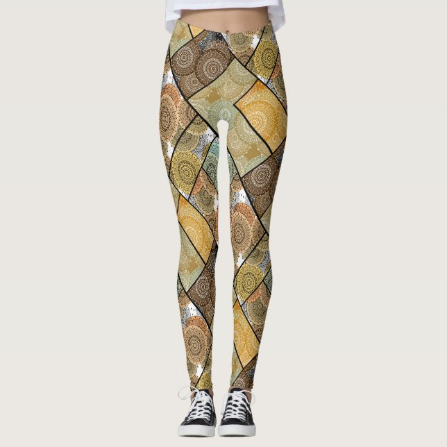 Patchwork quilt ceramic tile circles mandala patch leggings (Framsida)