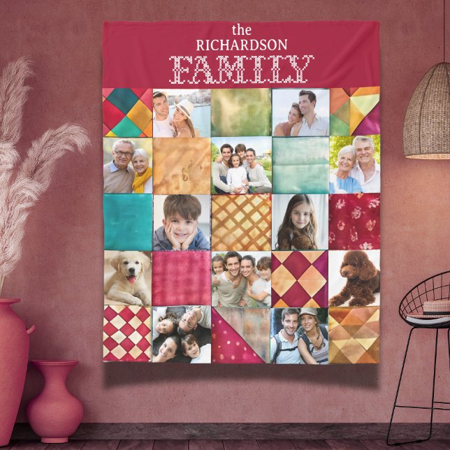 Patchwork Quilt Mönster 12 Photo Fleecefilt (cute cozy quilt-style family photo blanket keepsake, great for home decor and gift for family)