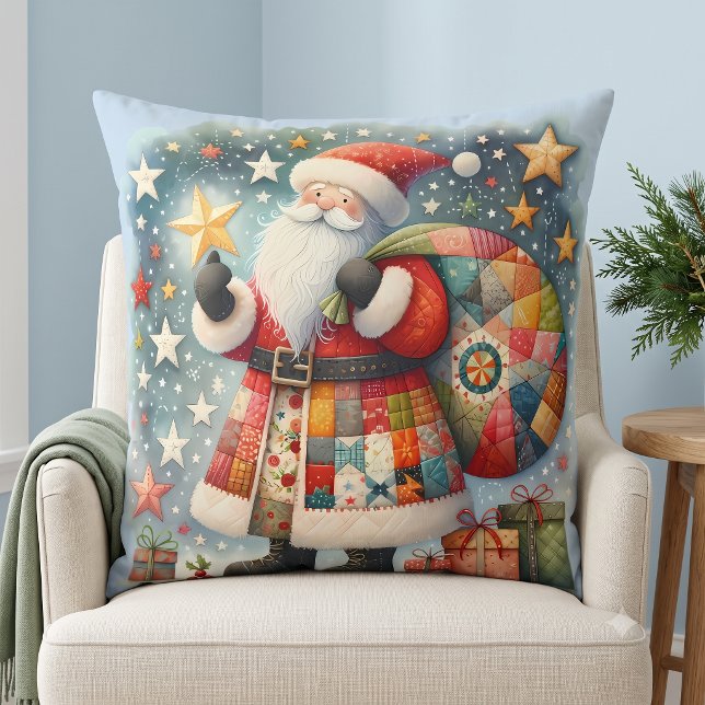 Patchwork-quiltad Tomte med julstjärnor Kudde (Quilted Patchwork Santa with Christmas Stars Throw Pillow)