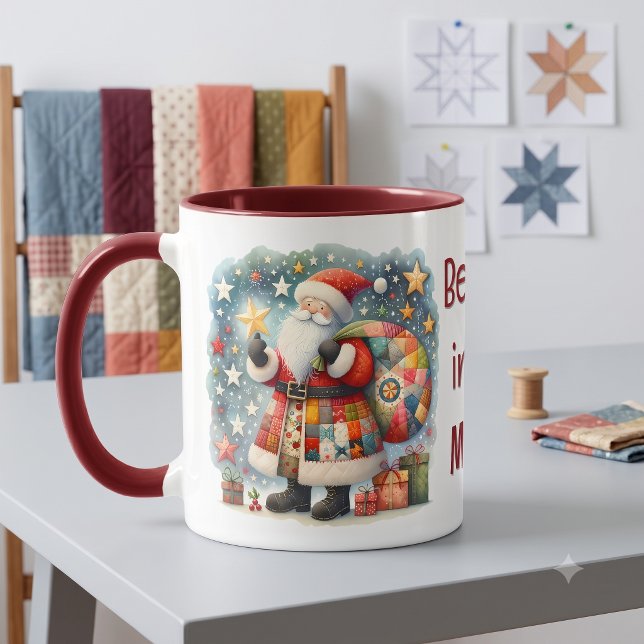 Patchwork-quiltad Tomte med julstjärnor Mugg (Quilted Patchwork Santa with Christmas Stars Mug)