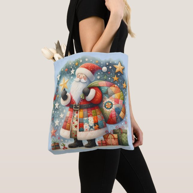 Patchwork-quiltad Tomte med julstjärnor Tygkasse (Närbild)