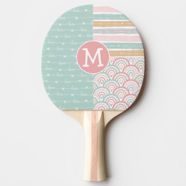 Patchwork Rainbow Hearts Monogram Ping Pong Paddle Pingisracket (Framsidan)