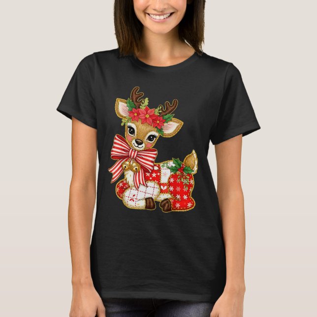 Patchwork Reindeer Preppy Girly Christmas Xmas Hol T Shirt (Framsida)